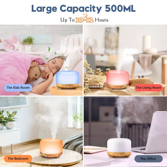 500ML Aroma Diffuser Wood Grain Color, 5V 2A Essential Oil Aromatherapy Diffuser Humidifier with Remote Control  for Home Office whisper