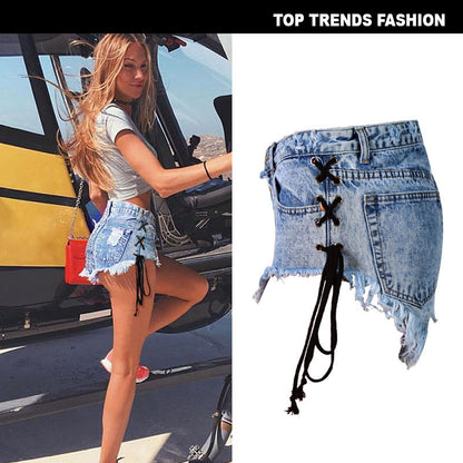 Women's Summer High Waist Breasted Frayed Double Side Lace Ladies Denim Shorts Hot Pants