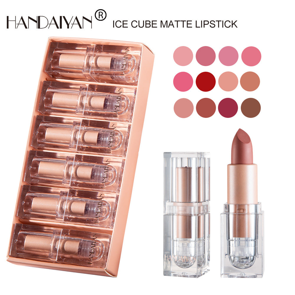 HANDAIYAN Makeup Crystal Square Tube Lipstick Small Ice Cube Matte Matte Lipstick Set 6 Pack