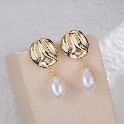 Fashion trend round concave and convex metallic drop shaped freshwater pearl pendant simple personality temperament earrings