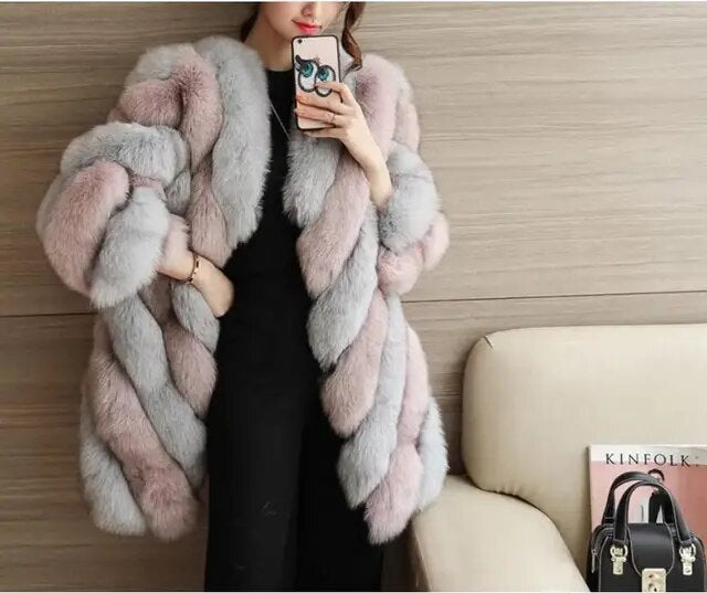 Lanxirui long winter faux fur coat with hood long sleeve zipper black furry fake rabbit fur outwear  shealing women's jacket