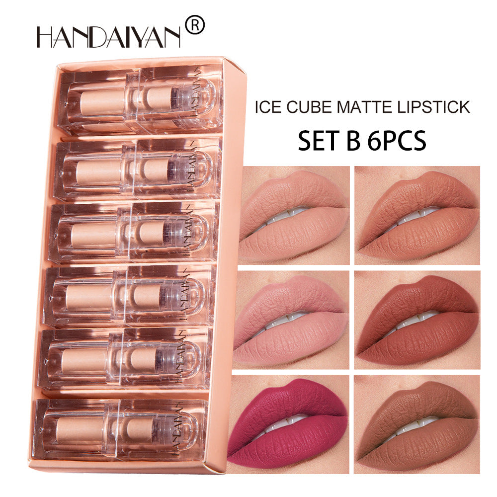 HANDAIYAN Makeup Crystal Square Tube Lipstick Small Ice Cube Matte Matte Lipstick Set 6 Pack