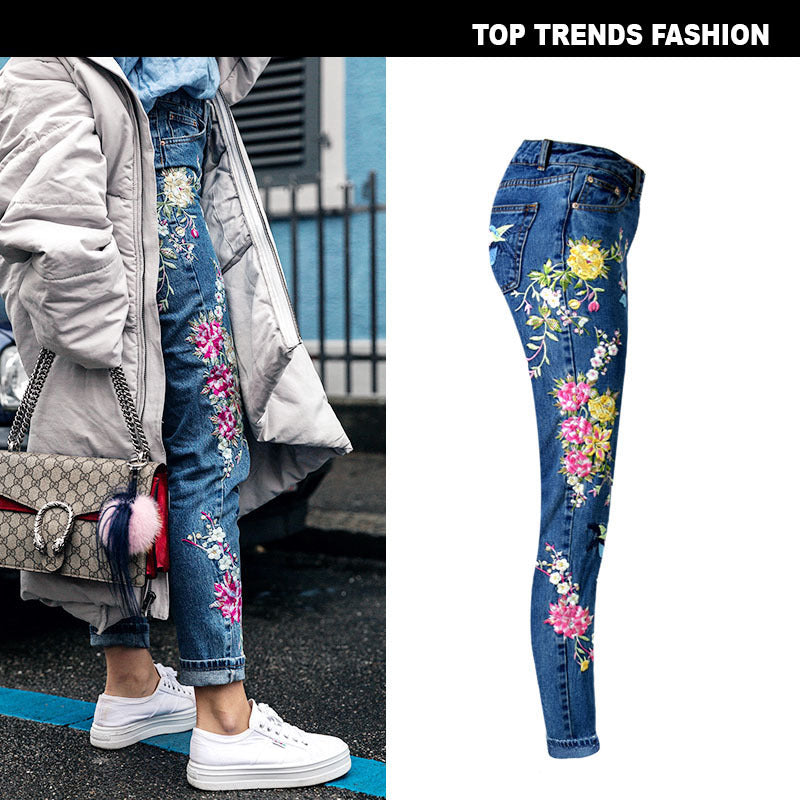 Women's Pop Bird Flower Front and Back Embroidered High Waist Slim Straight Jeans