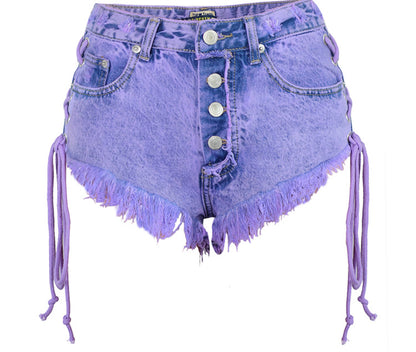 Women's Summer High Waist Breasted Frayed Double Side Straps Ladies Macaron Purple Denim Hot Pants