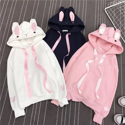 Women Cute Bunny Hoodie Long Sleeve Hoodie Lovely Female Rabbit Hoody Sweatshirts Loose Size Lovely Cotton Treetwear