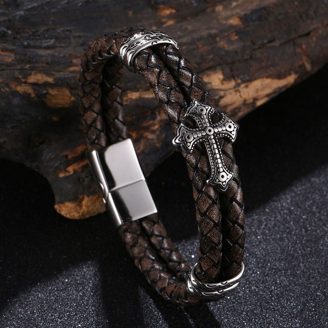 Luxury Multicolor Cross Design Stainless Steel Leather Bangle Bracelet