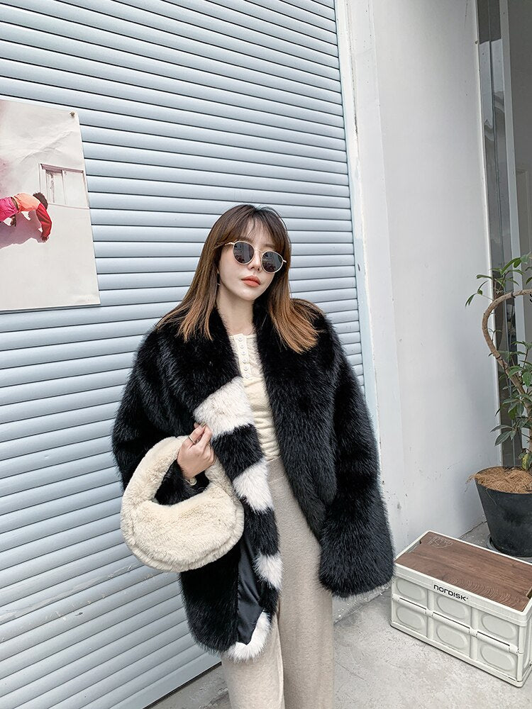 Women Fur Coat Irregular Color Matching Long Faux Fur Coat Women Black Khaki Vintage Fashion Women Fur Coat New