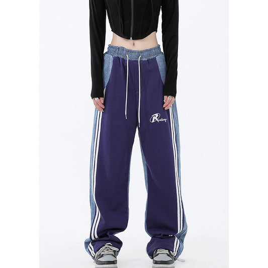 Contrast Color Women High Waist Straight Cropped Pants High Street Drawstring Tie Up Sweatpants Cylinder Lady Wide Leg Trousers