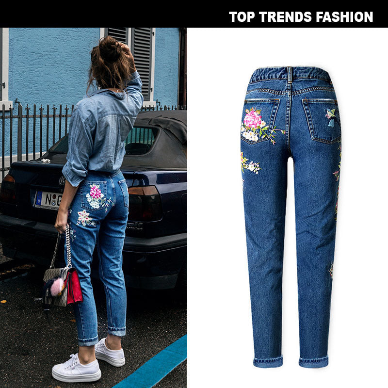 Women's Pop Bird Flower Front and Back Embroidered High Waist Slim Straight Jeans