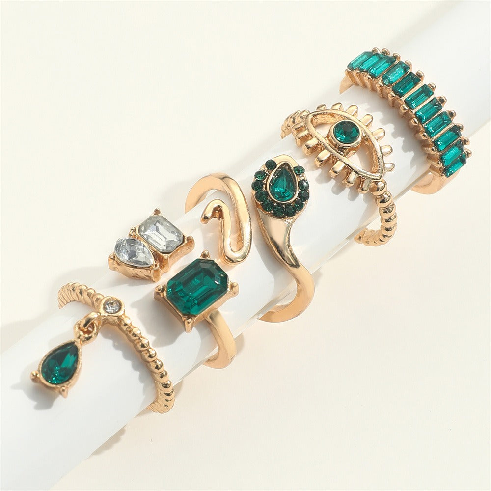 New joint ring personalized retro imitation gem set diamond snake shaped water drop pendant ring 5 piece set