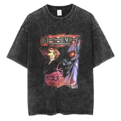Washed retro men's short-sleeved t-shirt summer anime peripheral printed loose t-shirt for men