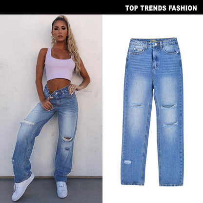 Summer High Waist Straight Loose Daddy Pants Drape Hole Women's Denim Trousers Mopping Pants