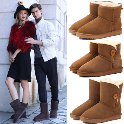 Casual classic warm wear-resistant anti-slip Genuine Leather men's snow boots leather fabric and wool warm winter women's shoes