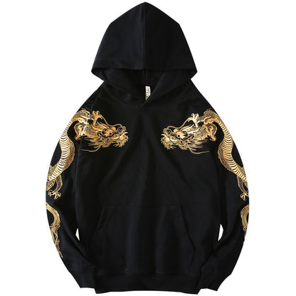 Autumn and winter trendy brand national trend retro yoke dragon embroidered hooded sweatshirt for men and girls for couples