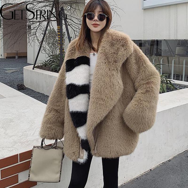 Women Fur Coat Irregular Color Matching Long Faux Fur Coat Women Black Khaki Vintage Fashion Women Fur Coat New