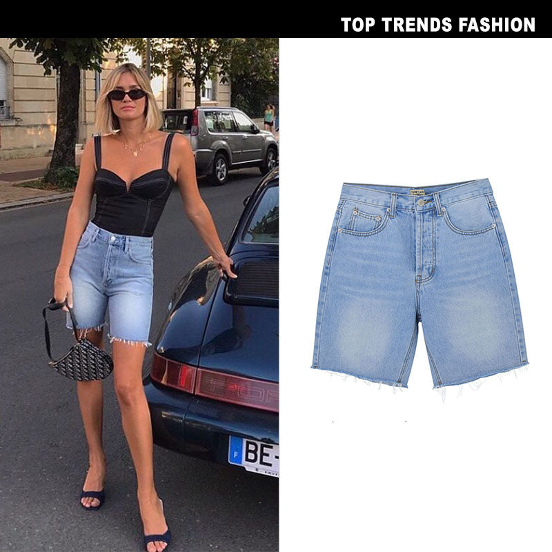 Women's High Waist Straight Loose Breasted Denim Five Points No Stretch BF Street Cycling Shorts Washed Raw Edges