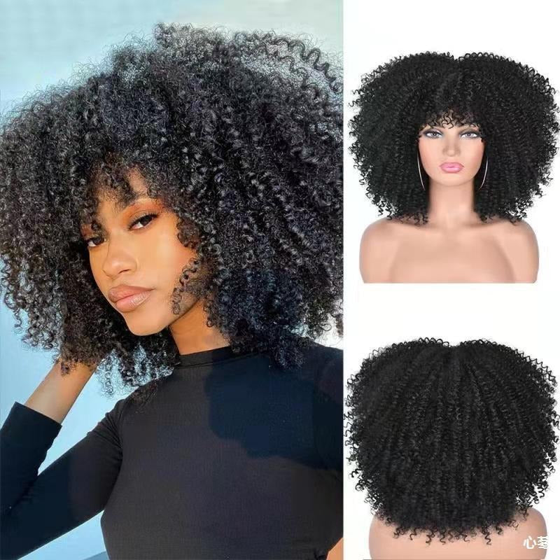 Female Hair African Small Curly Hair Explosion Head Black Chemical Fiber Wig Full Head Set