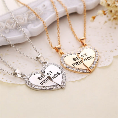 2 Pcs BFF Necklace Women Crystal Heart Pendant Best Friend Letter Necklace