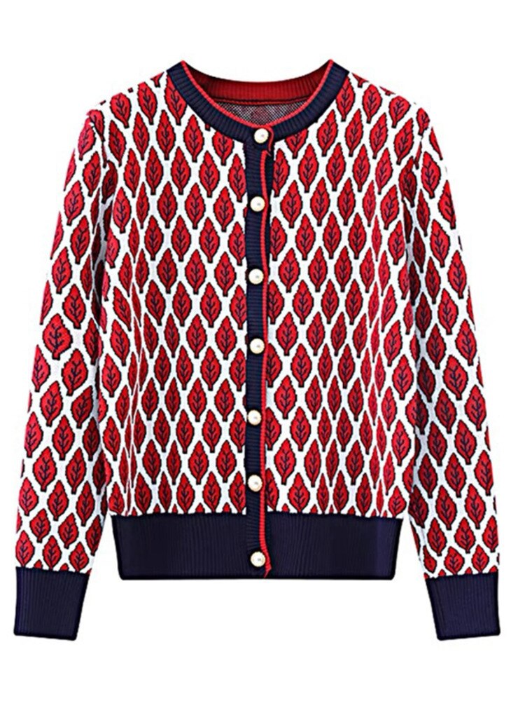 Autumn Cardigan For Women Jacquard Leaf Plaid Slim Round Neck Contrast Color Loose Long Sleeve Sweater