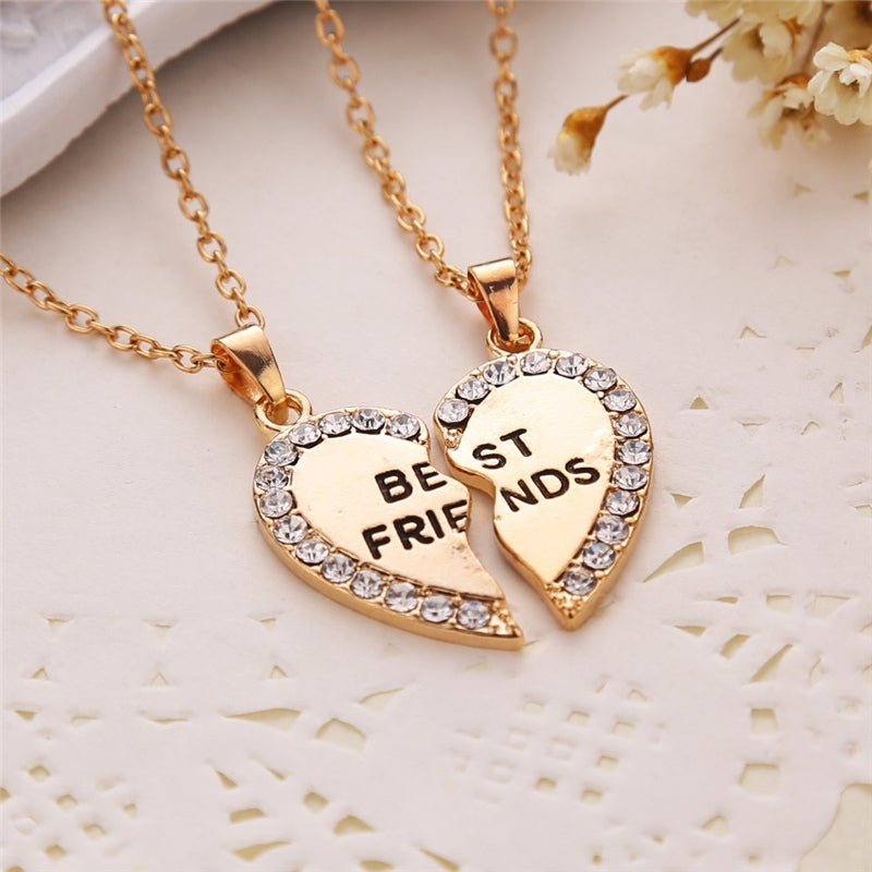 2 Pcs BFF Necklace Women Crystal Heart Pendant Best Friend Letter Necklace