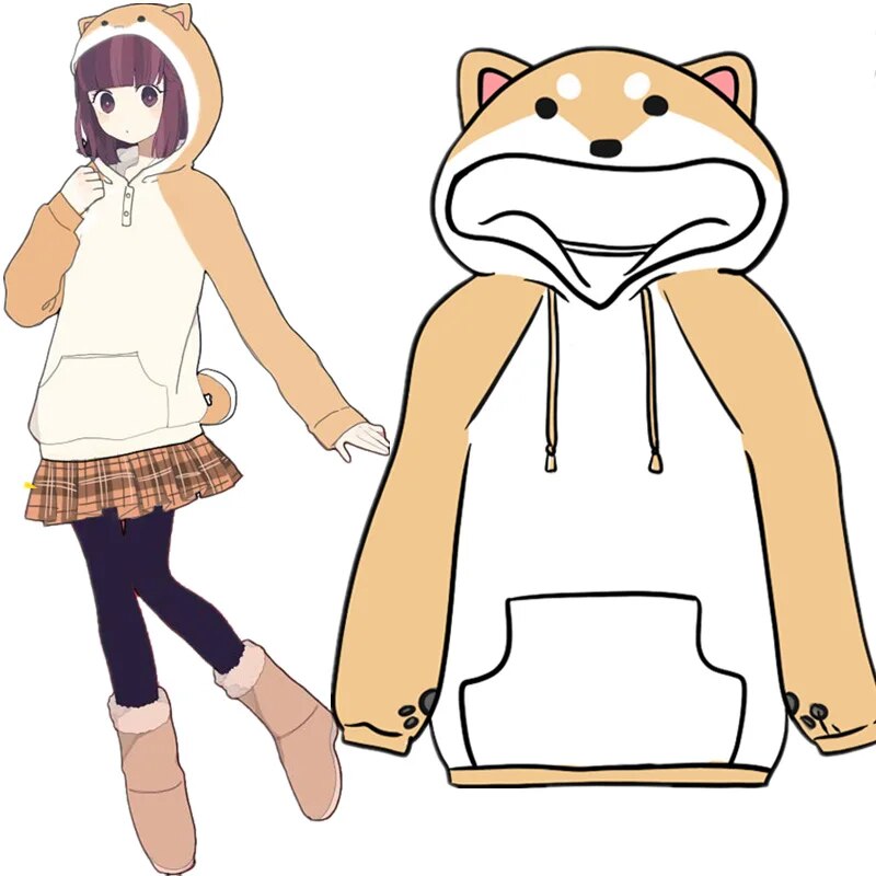 Harajuku Japanese Kawaii Hoodies Women Sweatshirts With Ears Cute Doge Muco Winter Plush Lovely Muco ! Anime Hooded Hoodie