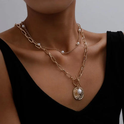 Gothic Baroque Pearl Coin Pendant Choker Necklace for Women Wedding Punk Bead Lariat Gold Color Long Chain Necklace Jewelry Gift