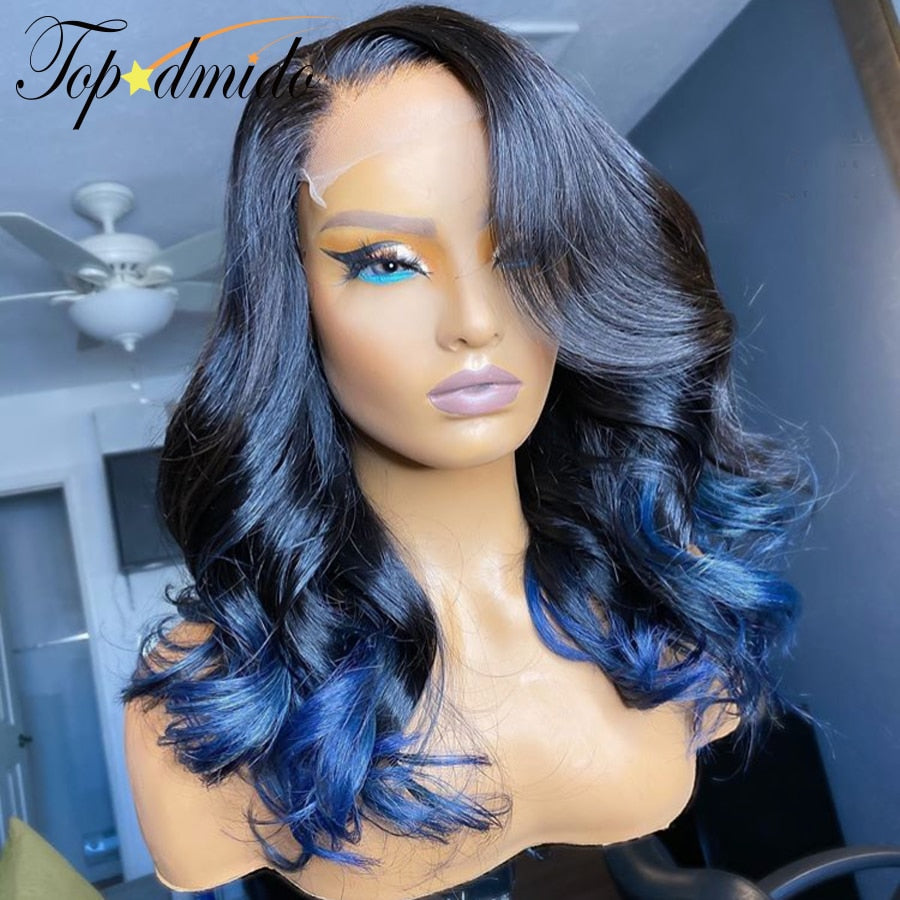 Topodmido Blue Ombre Color Indian Hair 13x6 Lace Front Wig Natural Hairline Loose Wave Remy Hair 13x4 Lace Front Human Hair Wigs
