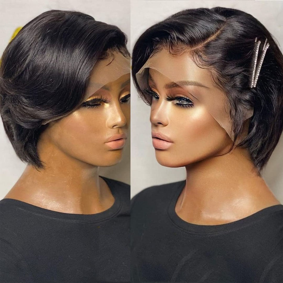 Human Hair 13X2 Wigs Short Pixie Cut Wigs Straight Bob HD Transparent Lace Frontal Wigs For Black Women 250 Density Perruque