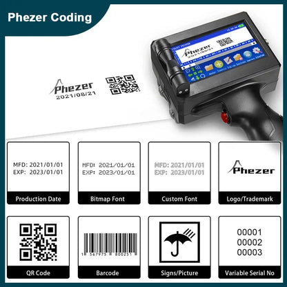 Phezer 12.7/25.4mm Label Printer Handheld Inkjet Printer QR Bar Batch Code Date Number Logo Expiry Date Coding Machine Portable