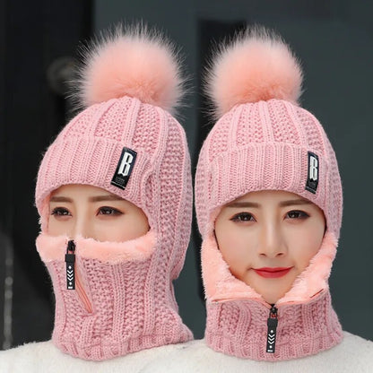 Women Wool Knitted Hat Ski Hat Sets Windproof Winter Outdoor Knit Thick Siamese Scarf Collar Warm Keep Face Warmer Pompoms Cap mask