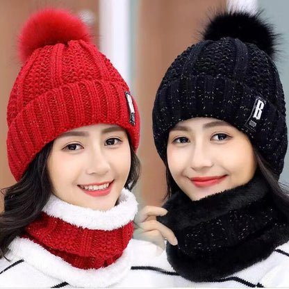 Women Wool Knitted Hat Ski Hat Sets Windproof Winter Outdoor Knit Thick Siamese Scarf Collar Warm Keep Face Warmer Pompoms Cap mask