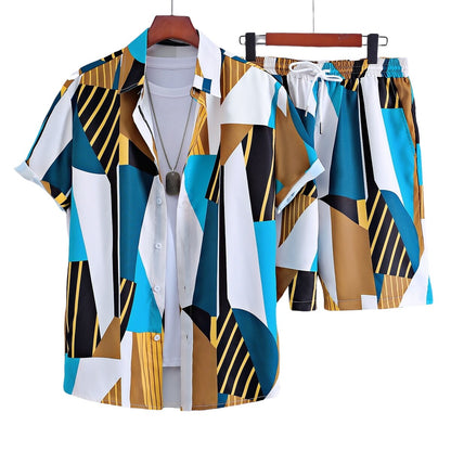 Men Random Color Block & Striped Print Shirt & Shorts Without Tee S-5XL