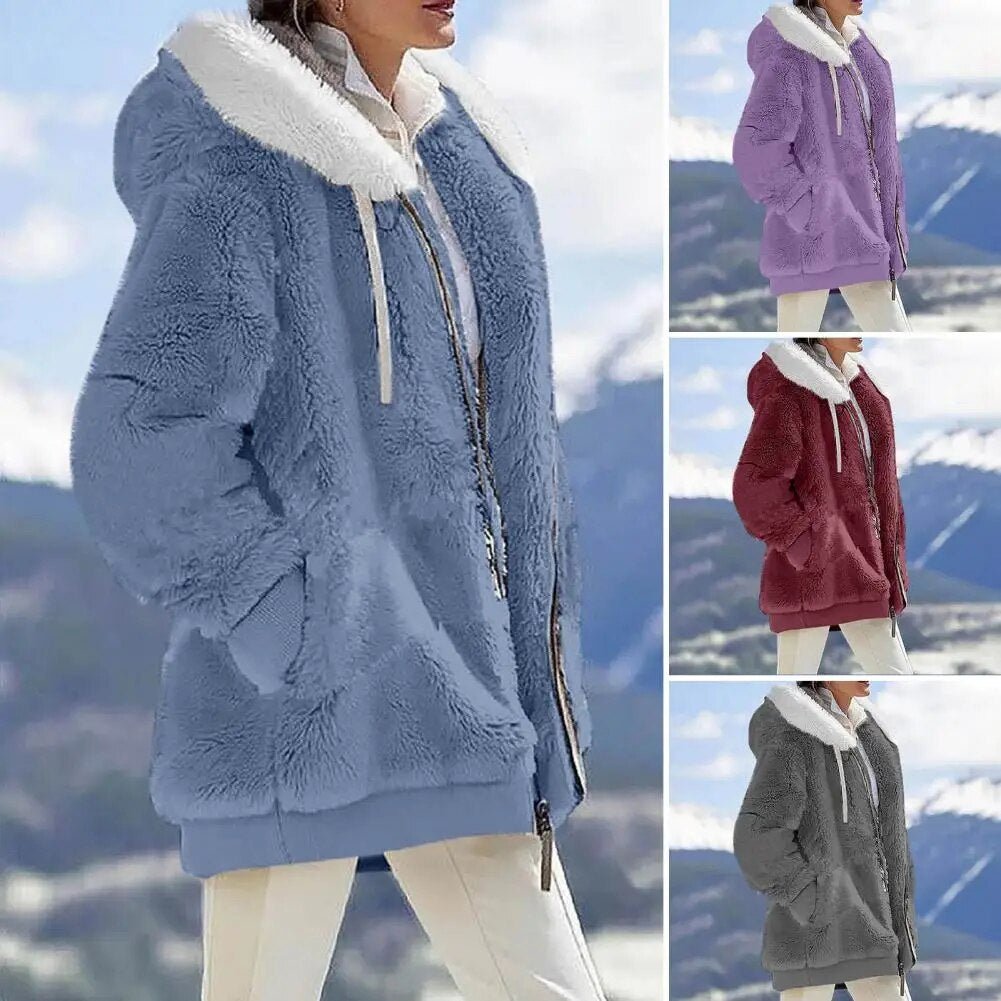 2023 New Women's Winter Coat Solid Color Warm Plush Large Size Ladies Coat Fall Winter Loose Plush Zipper Hooded Women's Coat
