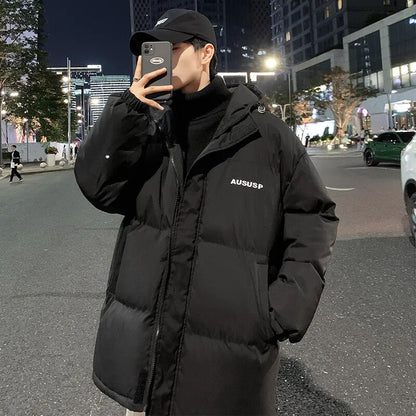 Harajuku Men's Cotton Jacket Autumn/Winter Hooded Korean Casual Plush Thickened Loose Versatile Cold Resistant men's Jacket