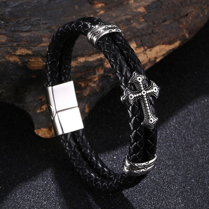 Luxury Multicolor Cross Design Stainless Steel Leather Bangle Bracelet