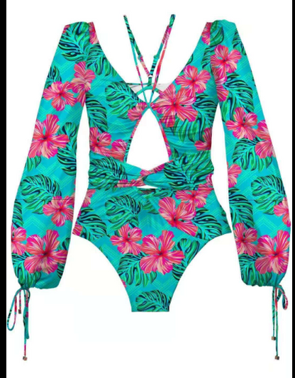 Vintage One Piece Female Sleeve Swimwear Women Plus Size Bathing Suit Print Bandage Summer