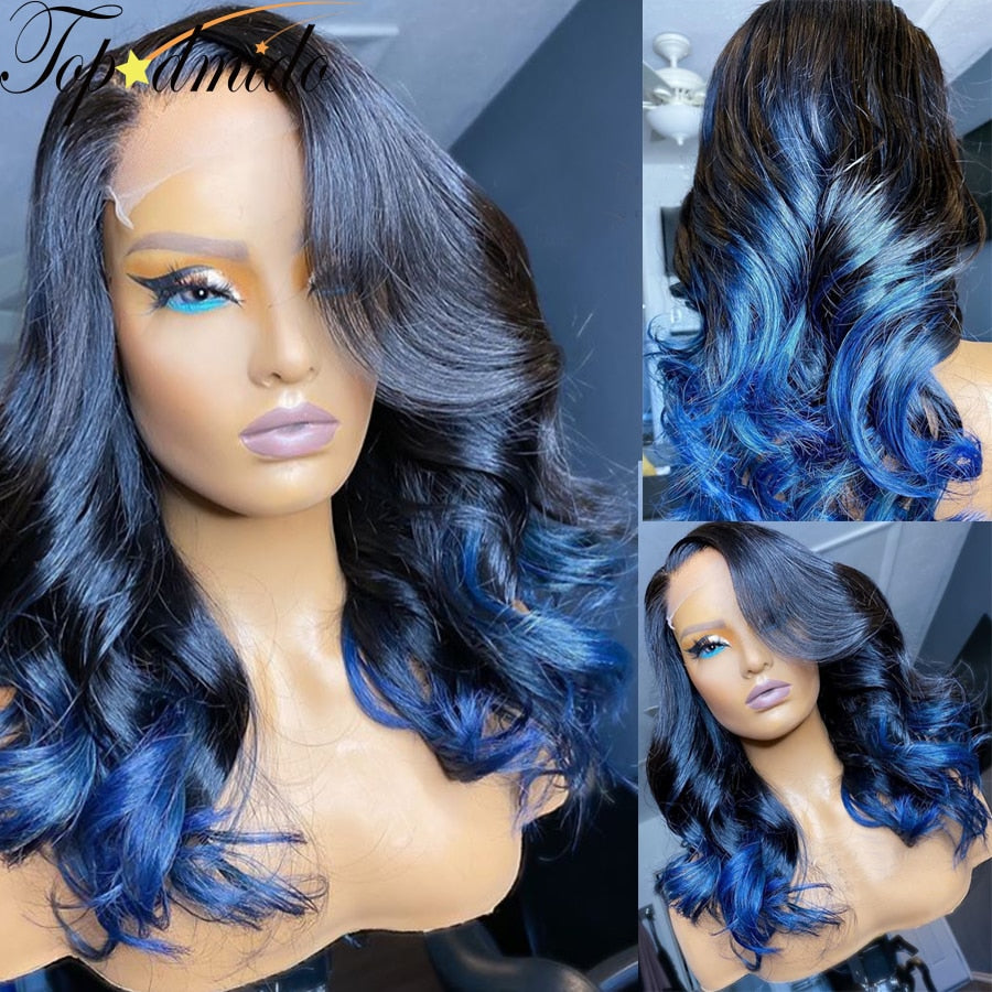 Topodmido Blue Ombre Color Indian Hair 13x6 Lace Front Wig Natural Hairline Loose Wave Remy Hair 13x4 Lace Front Human Hair Wigs